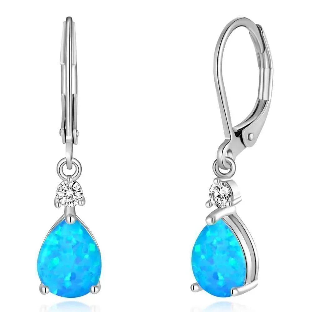 14K White Gold with Genuine Blue Fire Opal and CZ Teardrop Leverback Earrings